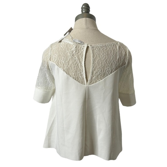 Zara White Short Sleeve Contrast Lace V-Neck Flowy Crop Blouse Size Medium - Picture 10 of 16
